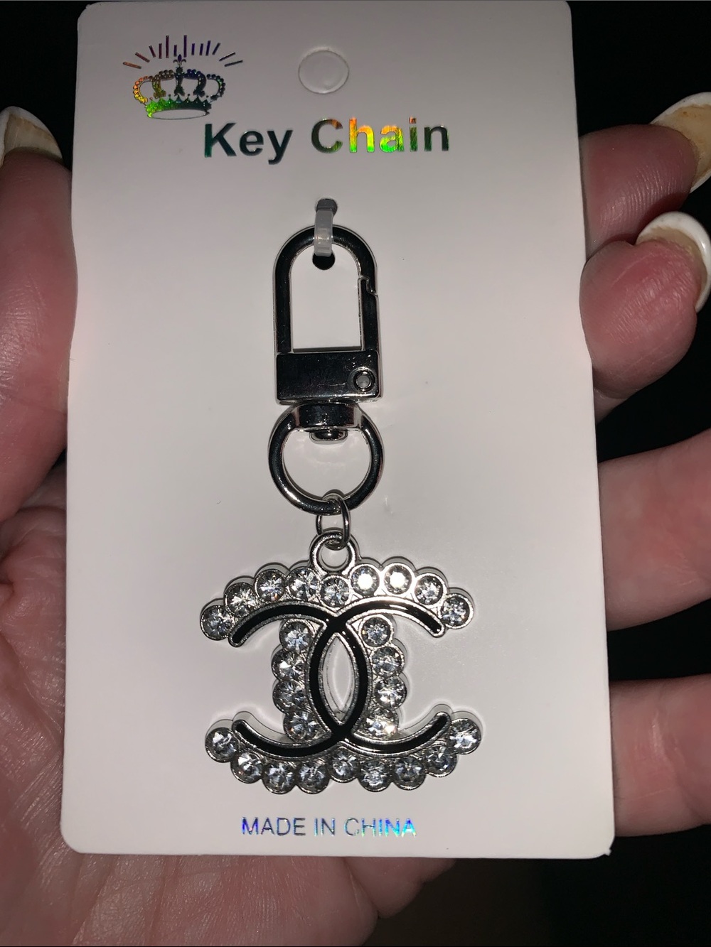 Silver Crystal Interlocking fashion bag charm Keychain